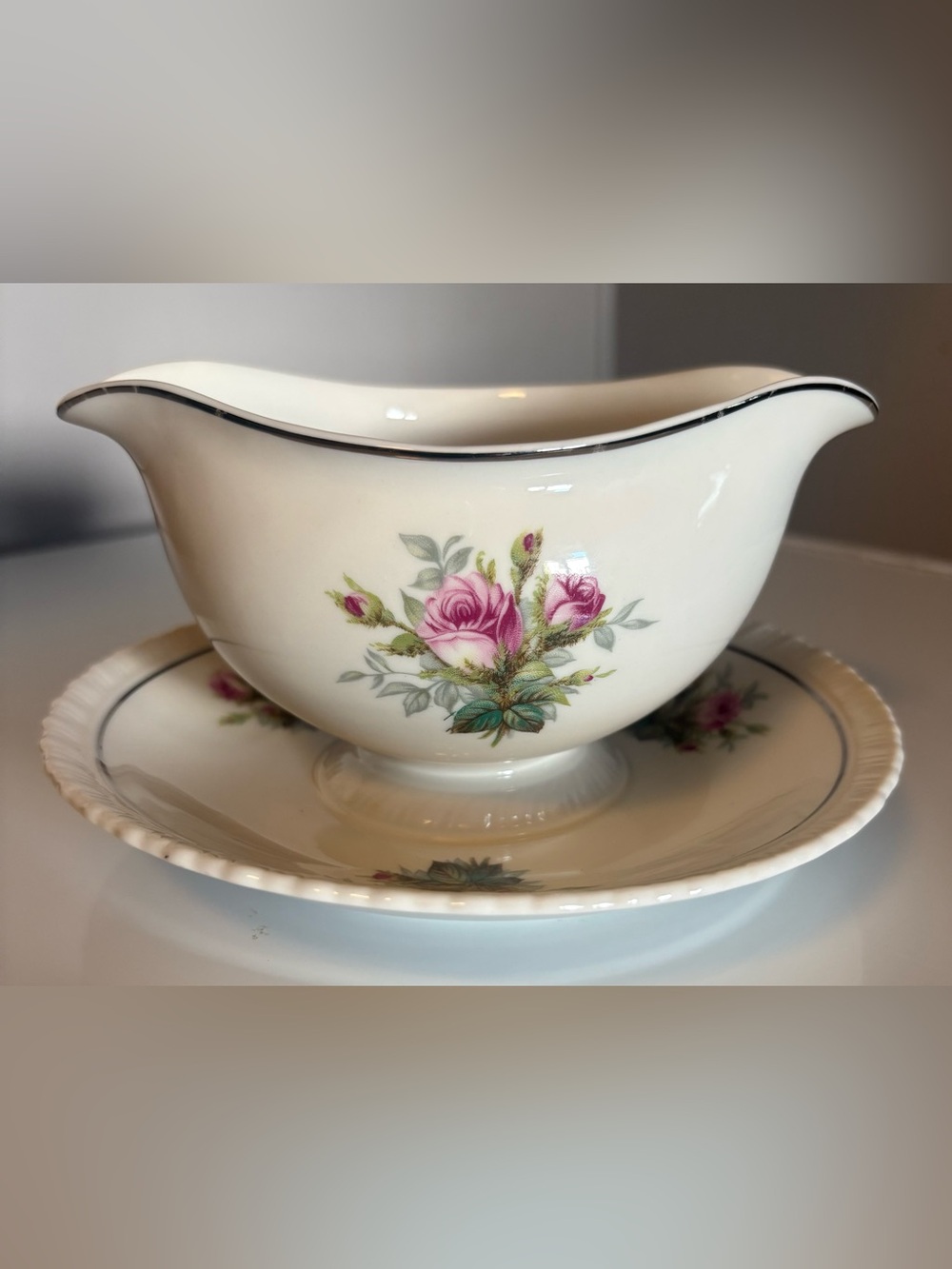 Vintage Hanover China Anniversary Gravy Boat W/Attached Under Plate. Pink Roses.